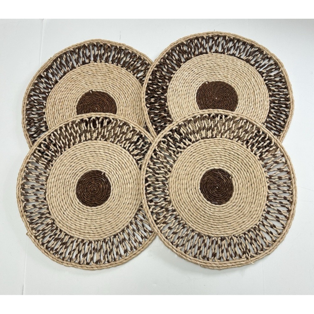Woven Rattan Placemats Chargers 14" D Round Set of 4 Natural & Brown